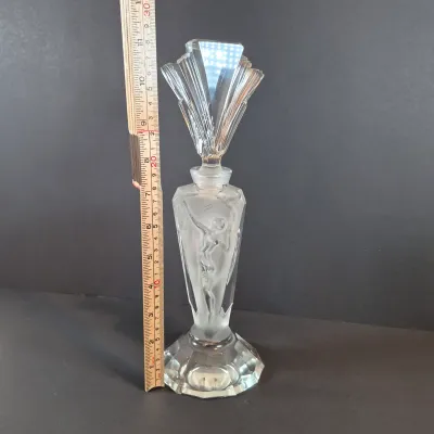 LOT 117: Vintage 11" Glass 3-Panel Dancing Nudes Art Deco Style Perfume Bottle Signed J. Pesničák