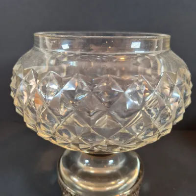 LOT 114: Vintage Glass Pedestal with Metal Flower Fog & Metal Vanity Box Casket with Red Velvet Lining