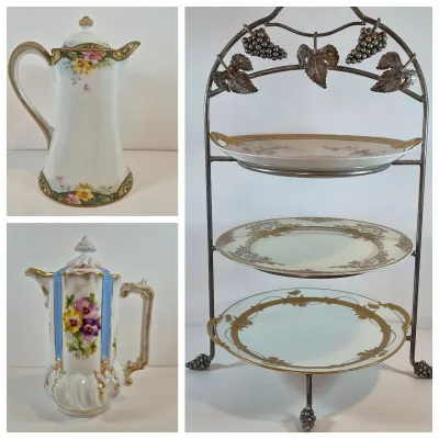 LOT 48: Vintage Porcelain Chocolate Pots & 3-Tier Stand with Hand Painted Platters by Noritake & Limoges France