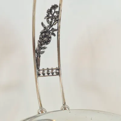 LOT 43: Antique Hand Painted Threaded Uranium Glass Bowl-Bridal Basket Meriden B Silverplate Floral Stand