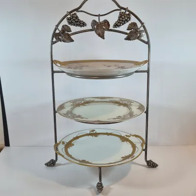 LOT 48: Vintage Porcelain Chocolate Pots & 3-Tier Stand with Hand Painted Platters by Noritake & Limoges France