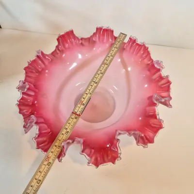LOT 54: Victorian Bride's Bowl with Pink & White Crimped Bowl on Bird-Handled Silverplate Pedestal