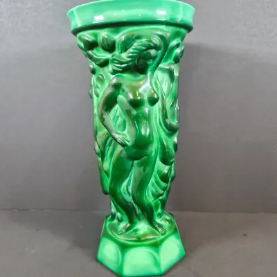 LOT 120: Bohemian Malachite Glass Figural Nudes Vase