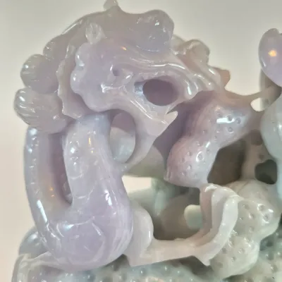 LOT 44: Vintage Lavendar & Pale Green Jadeite Jade Carved Dragon Statue with COA