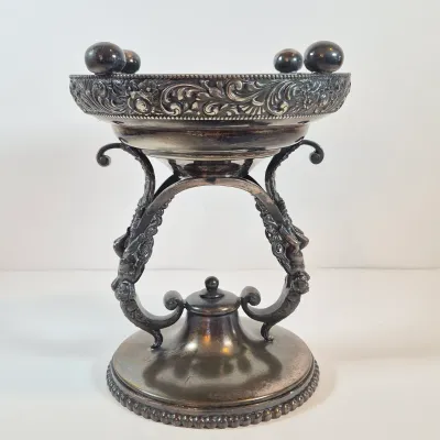 LOT 35: Antique Hand Painted Bride's Bowl on Wilcox Silverplate Stand with Cherubs