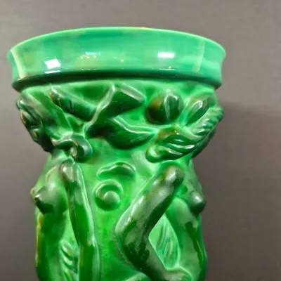 LOT 120: Bohemian Malachite Glass Figural Nudes Vase