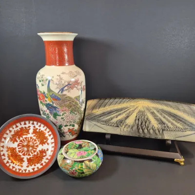 LOT 47: Vintage 3D Chinese Terracotta Army Plaque with Collection of Asian Porcelain Decorative Items