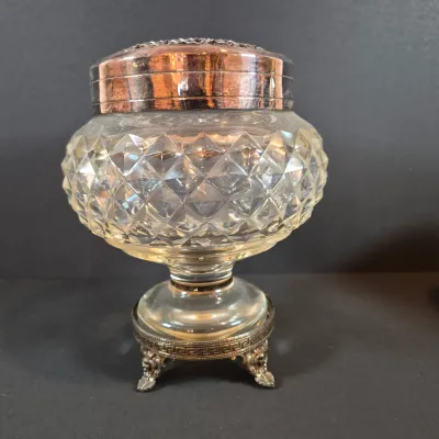 LOT 114: Vintage Glass Pedestal with Metal Flower Fog & Metal Vanity Box Casket with Red Velvet Lining