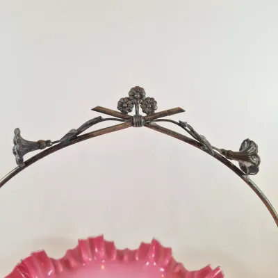 LOT 51: Antique Bride's Bowl with Pink & White Ruffled Bowl on Ornate Floral Silverplate Base by Middletown Co