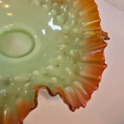 LOT 49: Victorian Bride's Bowl with Uranium Glass Crimped Bowl in Homan Silverplate Base