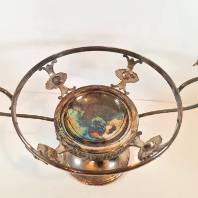 LOT 54: Victorian Bride's Bowl with Pink & White Crimped Bowl on Bird-Handled Silverplate Pedestal