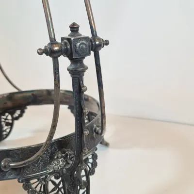 LOT 33: Antique Hand Painted Blue Glass Bowl on Ornate Silverplate Basket Stand from James W, Tufts