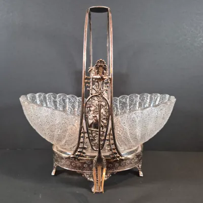 LOT 115: Antique Bride's Basket with Shell & Tassel Glass Bowl in Ornate Pickle Castor Style Basket with Sterling Silver Fork