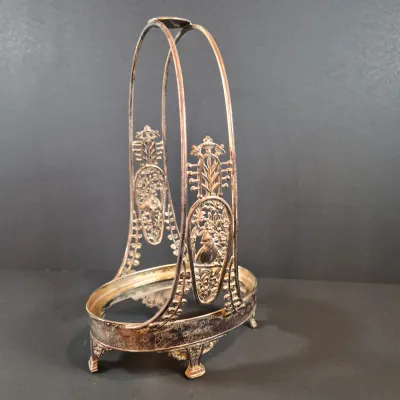 LOT 115: Antique Bride's Basket with Shell & Tassel Glass Bowl in Ornate Pickle Castor Style Basket with Sterling Silver Fork