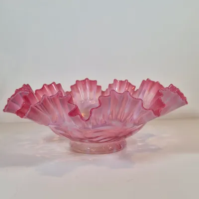 LOT 34: Victorian Bride's Basket with Cranberry Opalescent Poinsettia Glass on Silverplate Base