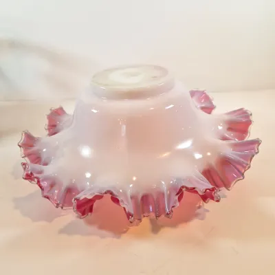 LOT 54: Victorian Bride's Bowl with Pink & White Crimped Bowl on Bird-Handled Silverplate Pedestal
