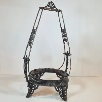 LOT 33: Antique Hand Painted Blue Glass Bowl on Ornate Silverplate Basket Stand from James W, Tufts