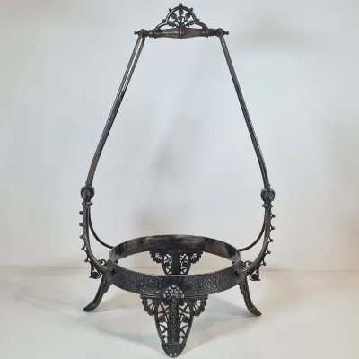 LOT 33: Antique Hand Painted Blue Glass Bowl on Ornate Silverplate Basket Stand from James W, Tufts