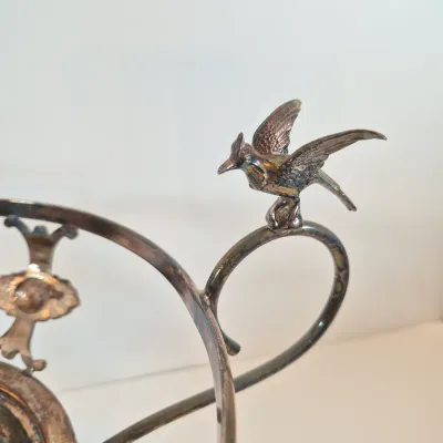 LOT 54: Victorian Bride's Bowl with Pink & White Crimped Bowl on Bird-Handled Silverplate Pedestal