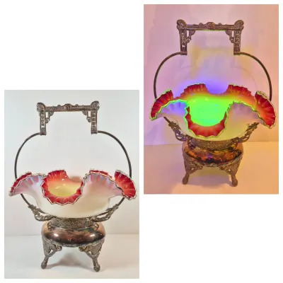 LOT 39: Antique Bride's Basket with Uranium Glass Bowl on Silverplate Stand