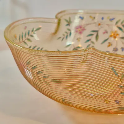 LOT 43: Antique Hand Painted Threaded Uranium Glass Bowl-Bridal Basket Meriden B Silverplate Floral Stand