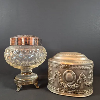 LOT 114: Vintage Glass Pedestal with Metal Flower Fog & Metal Vanity Box Casket with Red Velvet Lining