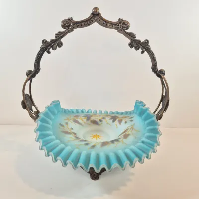 LOT 37: Antique Bride's Basket with Hand Painted Bowl in Cherry Handled Pairpoint Silverplate Basket