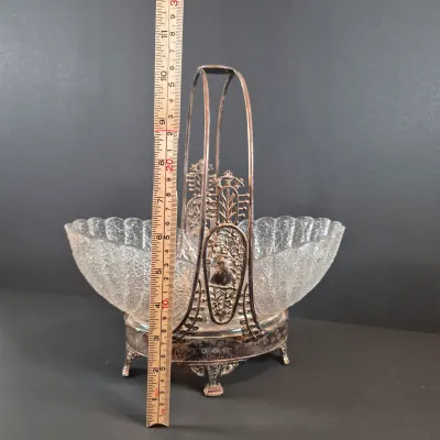 LOT 115: Antique Bride's Basket with Shell & Tassel Glass Bowl in Ornate Pickle Castor Style Basket with Sterling Silver Fork