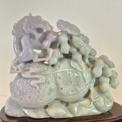 LOT 44: Vintage Lavendar & Pale Green Jadeite Jade Carved Dragon Statue with COA
