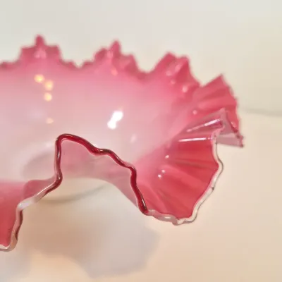 LOT 51: Antique Bride's Bowl with Pink & White Ruffled Bowl on Ornate Floral Silverplate Base by Middletown Co