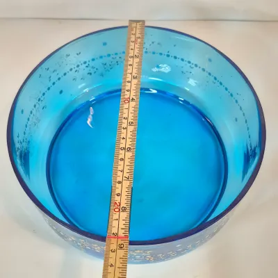 LOT 33: Antique Hand Painted Blue Glass Bowl on Ornate Silverplate Basket Stand from James W, Tufts