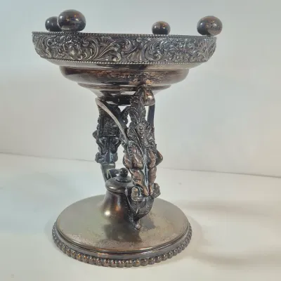 LOT 35: Antique Hand Painted Bride's Bowl on Wilcox Silverplate Stand with Cherubs