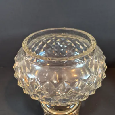 LOT 114: Vintage Glass Pedestal with Metal Flower Fog & Metal Vanity Box Casket with Red Velvet Lining