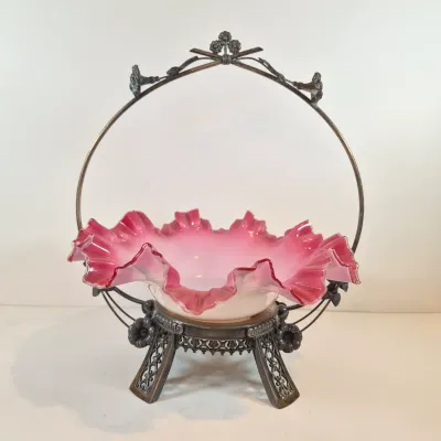 LOT 51: Antique Bride's Bowl with Pink & White Ruffled Bowl on Ornate Floral Silverplate Base by Middletown Co