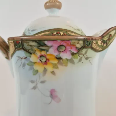 LOT 48: Vintage Porcelain Chocolate Pots & 3-Tier Stand with Hand Painted Platters by Noritake & Limoges France