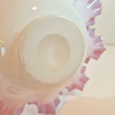 LOT 51: Antique Bride's Bowl with Pink & White Ruffled Bowl on Ornate Floral Silverplate Base by Middletown Co