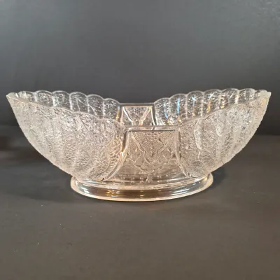 LOT 115: Antique Bride's Basket with Shell & Tassel Glass Bowl in Ornate Pickle Castor Style Basket with Sterling Silver Fork