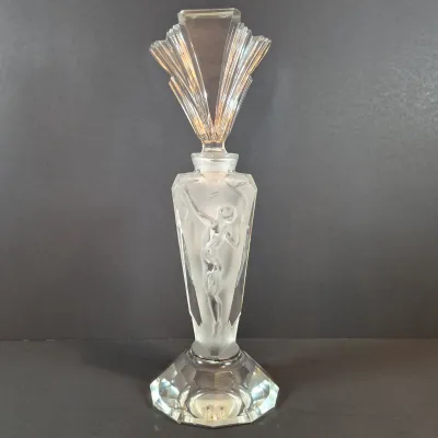 LOT 117: Vintage 11" Glass 3-Panel Dancing Nudes Art Deco Style Perfume Bottle Signed J. Pesničák