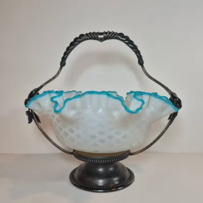 LOT 32: Antique Bride's Basket with Diamond Patterned Glass Bowl in Pairpoint Silverplate Pedestal