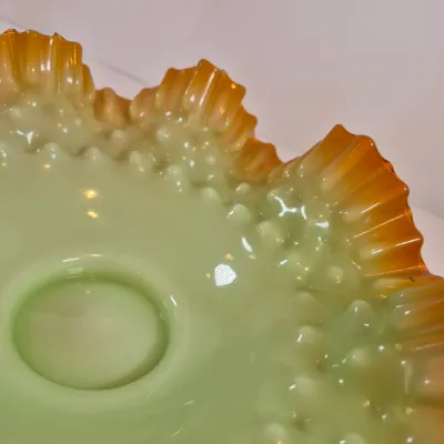 LOT 49: Victorian Bride's Bowl with Uranium Glass Crimped Bowl in Homan Silverplate Base