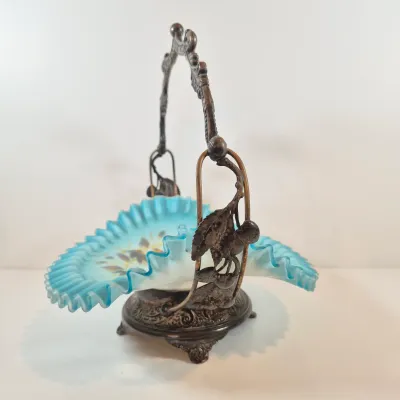 LOT 37: Antique Bride's Basket with Hand Painted Bowl in Cherry Handled Pairpoint Silverplate Basket