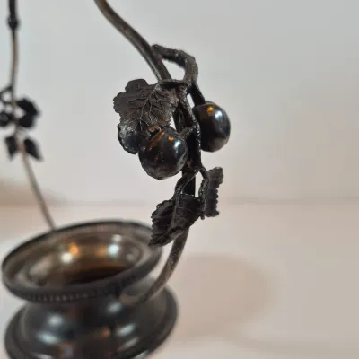 LOT 32: Antique Bride's Basket with Diamond Patterned Glass Bowl in Pairpoint Silverplate Pedestal