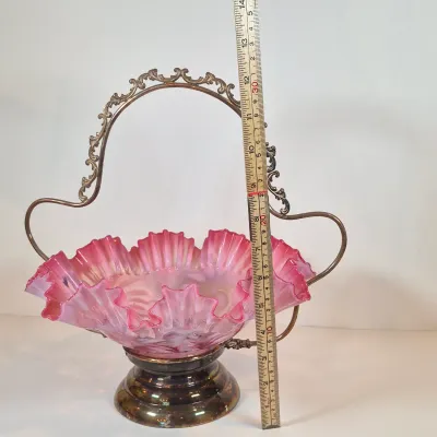LOT 34: Victorian Bride's Basket with Cranberry Opalescent Poinsettia Glass on Silverplate Base