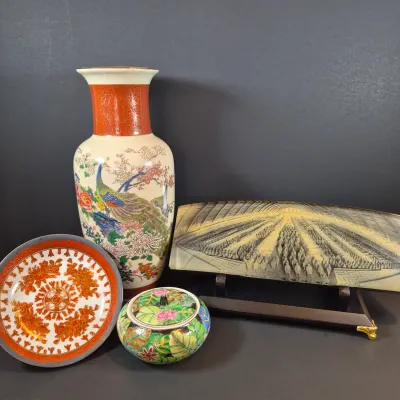 LOT 47: Vintage 3D Chinese Terracotta Army Plaque with Collection of Asian Porcelain Decorative Items