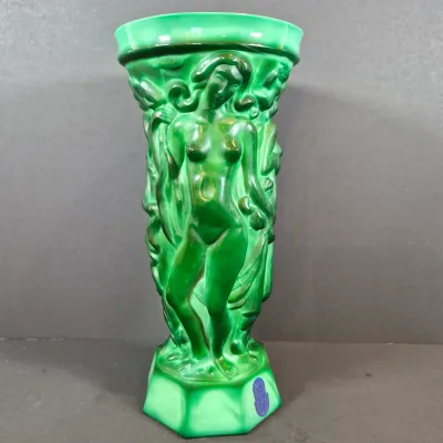 LOT 120: Bohemian Malachite Glass Figural Nudes Vase