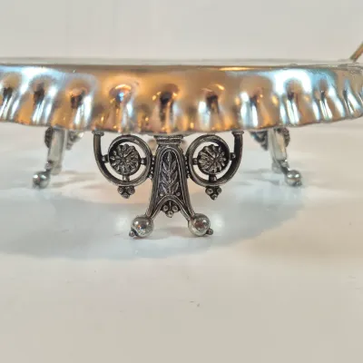 LOT 43: Antique Hand Painted Threaded Uranium Glass Bowl-Bridal Basket Meriden B Silverplate Floral Stand