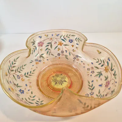 LOT 43: Antique Hand Painted Threaded Uranium Glass Bowl-Bridal Basket Meriden B Silverplate Floral Stand
