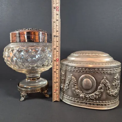 LOT 114: Vintage Glass Pedestal with Metal Flower Fog & Metal Vanity Box Casket with Red Velvet Lining