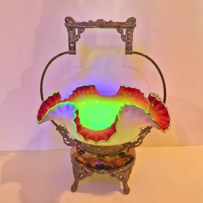 LOT 39: Antique Bride's Basket with Uranium Glass Bowl on Silverplate Stand