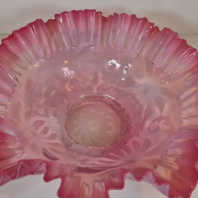 LOT 34: Victorian Bride's Basket with Cranberry Opalescent Poinsettia Glass on Silverplate Base